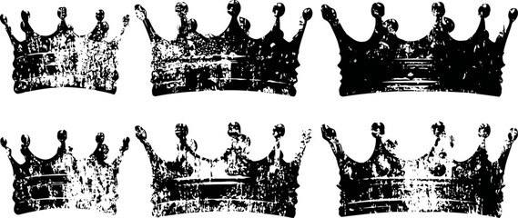 Obraz premium vintage black ink crown silhouettes collection, grunge textured royal headwear icons set