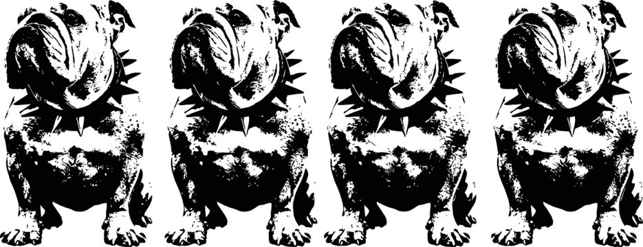 four black and white ink sketch bulldogs sitting in a row facing forward symmetrical design