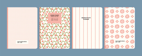 Naklejka premium Stationery cover templates with pink floral and geometric patterns.