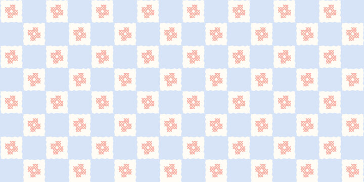 Folk embroidery seamless pattern banner with cross stitch floral motifs on checkered background