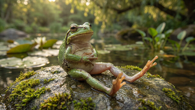 Funny pic frog sitting like human on rock playful nature humor scene