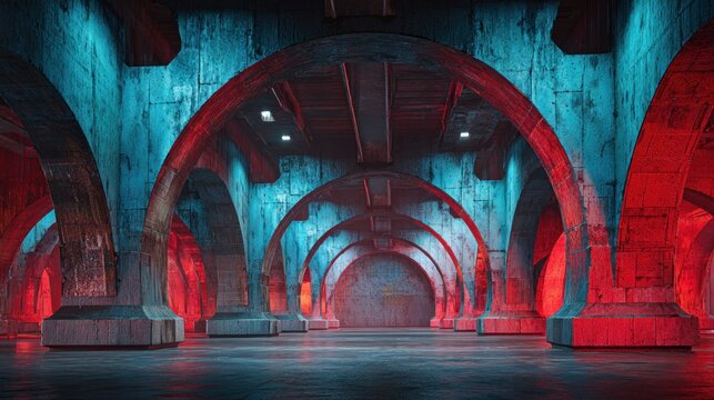 Massive concrete archway structure illuminated by contrasting blue and red dramatic lighting