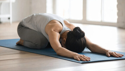 Obraz premium Woman yoga mat, child pose, stretching, indoor, relaxation