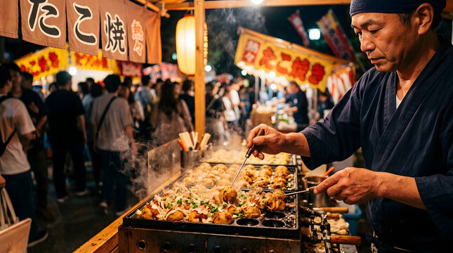 Japanese chef cooking takoyaki at a lively night market stall