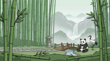 Traditional Japanese garden vector landscape, bamboo forest with giant panda and crane bird, misty mountain waterfall background with stone lantern © xantii