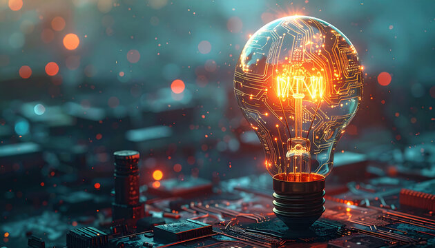 Light bulb on circuit board, glowing innovation concept