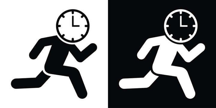 Conceptual vector icon of a person running with a clock face for a head. Represents urgency, time management, deadlines, productivity, and being busy or rushing to meet a target.