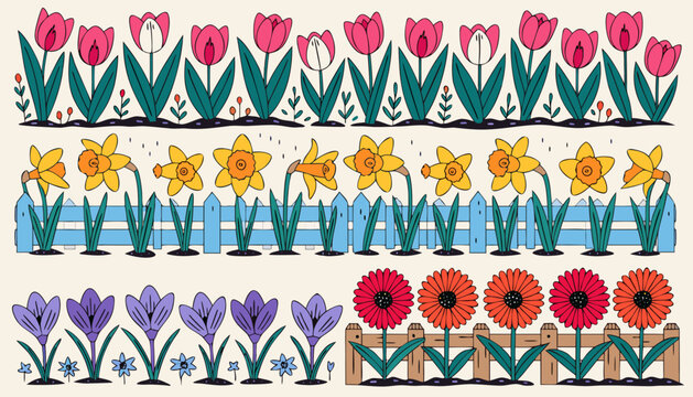 Spring garden flowers tulips daffodils crocuses gerbera daisies vector