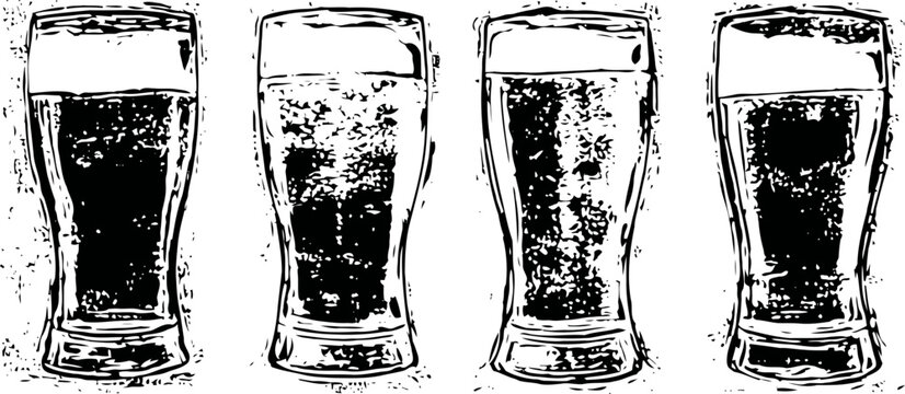 Four tall beer glasses with foam heads, filled with dark craft beer, isolated on white background