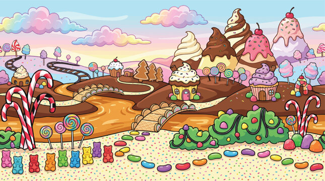 Whimsical candy land vector landscape, sweet dessert world with cupcake houses and chocolate hills, colorful sugar fantasy background for kids