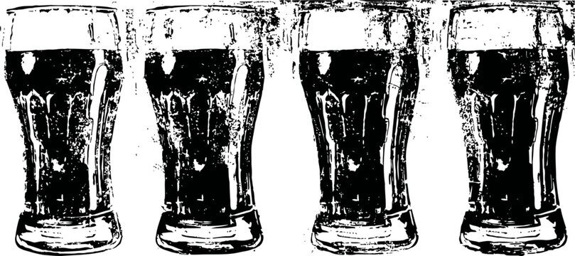 Four dark beer glasses lined up, filled with frothy beer, isolated on white background