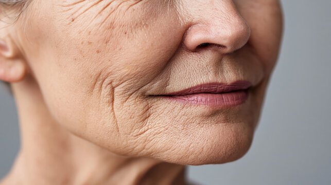 Close up of senior woman's face, a detail showing natural aging skin texture, wrinkles, and fine lines around lips and cheeks against a neutral background