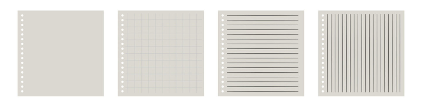 Notebook paper texture set. lined grid dotted note background collection. minimal stationery sheet design. vector isolated transparent background