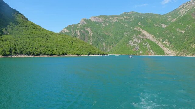 Lake Koman, or Komani Lake, landscape. ferry cruising view