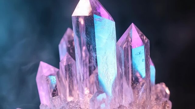 Various crystal formations illuminated with light in a studio setting. The focus is on the shapes and colors of the crystals. Watch the details closely
