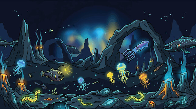 Bioluminescent deep sea creatures in dark ocean landscape, glowing jellyfish and anglerfish vector illustration, mysterious underwater abyss background