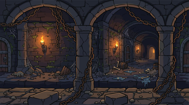 Medieval dungeon background vector, dark stone castle prison with torches and chains, spooky underground catacomb for game design and fantasy concept art