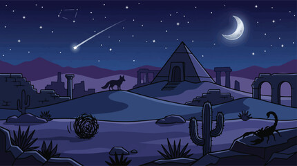 Desert night landscape vector illustration, ancient pyramid and ruins under starry sky, moonlit dunes with scorpion and jackal silhouettes © xantii