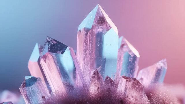 Crystals are shown in close-up as they reflect sunlight with colorful lights. The video captures the beauty and details of the crystals in four frames as time passes