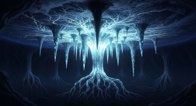 Glowing Ice Tree Structure in Dark Cavern