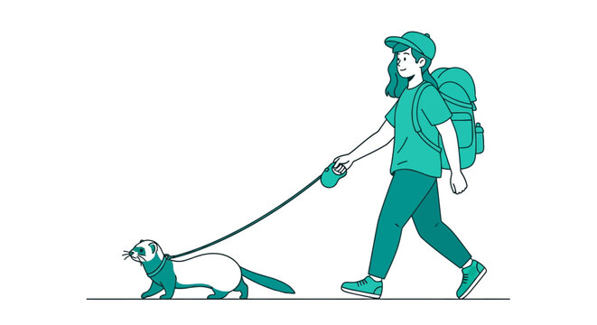 Woman walking pet ferret on a leash with backpack