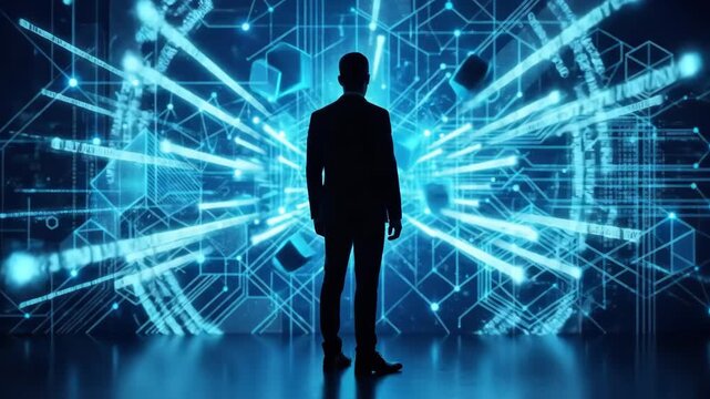 Silhouette of a man against blue digital geometric background, futuristic technology and identity concept with clean abstract shapes and modern atmosphere, glowing depth, realistic detail, no logos