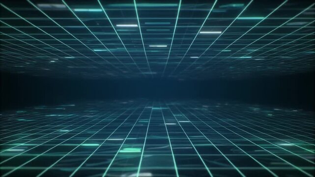 A stunning commercial digital background showcasing a futuristic digital grid floor and ceiling extending into a dark horizon with moving data blocks.