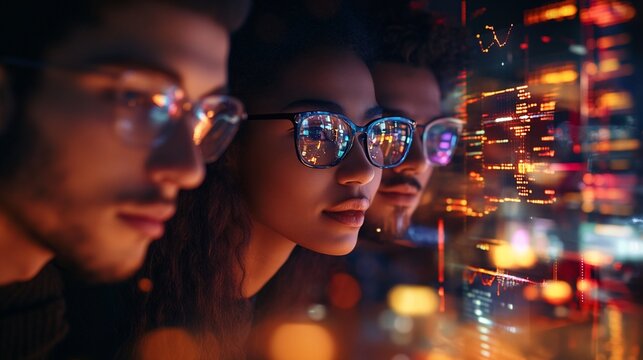 Three people looking at a glowing screen, city lights bokeh background