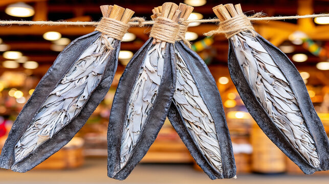 Three dried fish hanging on a clothesline at a market with food stall, street food