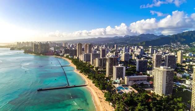 Aerial view of a coastal city with beach and high-rise buildings