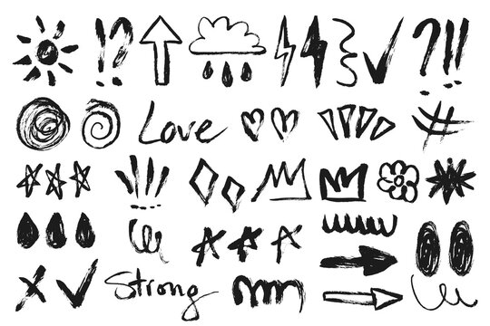 Grunge Scribble Elements Set. Hand drawn grungy doodle elements collection. Sketch brush stroke underline shapes. Chalk decorative highlight vector symbols