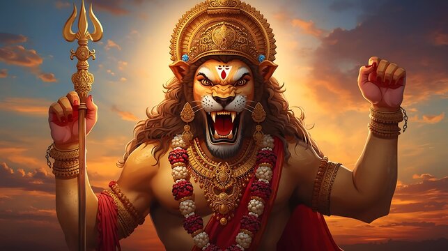 Lord Narasimha Avatar Of Vishnu With Fierce Expression Holding A Trident.