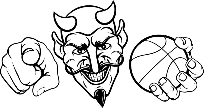 A devil man holding basketball ball and pointing sports team mascot illustration.