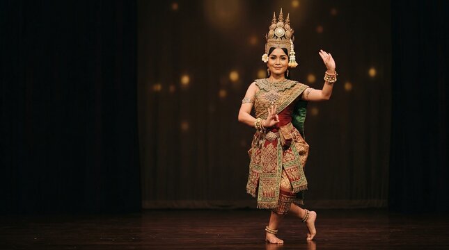 Apsara dancer performing traditional dance in ornate costume on stage  