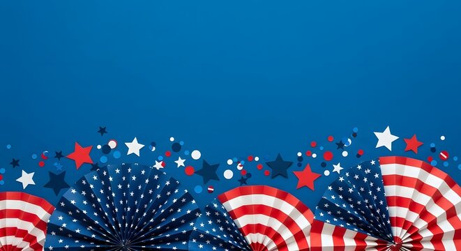 Fourth of july background with patriotic paper fans and confetti