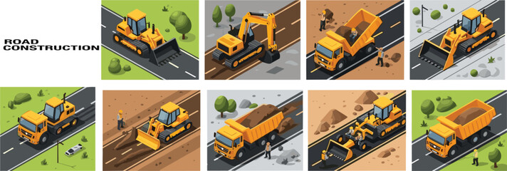 Isometric road construction vector set with heavy machinery excavator dump truck bulldozer and workers building highways for urban development industrial engineering and transportation infrastructure © Mahsina