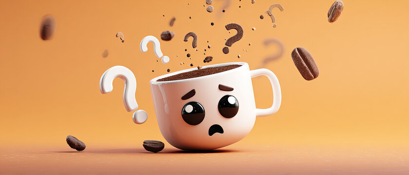 Cute white coffee mug with sad face, surrounded by floating coffee beans and question marks on orange background. Whimsical and playful concept.
