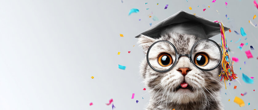 Adorable grey tabby cat in glasses and graduation cap with colorful confetti, isolated on light background. Perfect for educational or celebration themes.