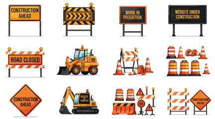 Vector construction sign set with excavator bulldozer road closed barriers and traffic cones for street repair industrial safety website under maintenance and urban development © Mahsina