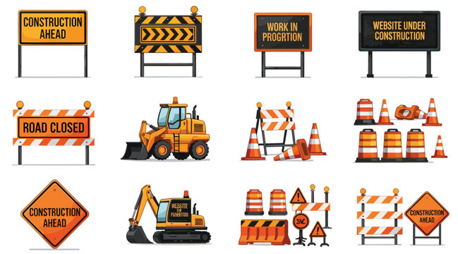 Vector construction sign set with excavator bulldozer road closed barriers and traffic cones for street repair industrial safety website under maintenance and urban development