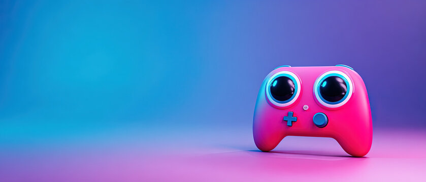Playful pink game controller with cartoon eyes on a vibrant blue and purple gradient background, perfect for entertainment and tech themes.