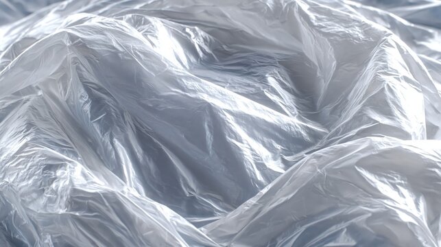 Crumpled clear plastic sheet creating an abstract textured background with bright reflections and shadowy folds, illustrating concepts of waste, fragility, and environmental impact