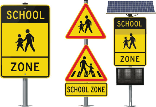 Vector school zone traffic sign set with yellow warning boards pedestrian crossing icons solar panel power and safety signals for road security education campus area