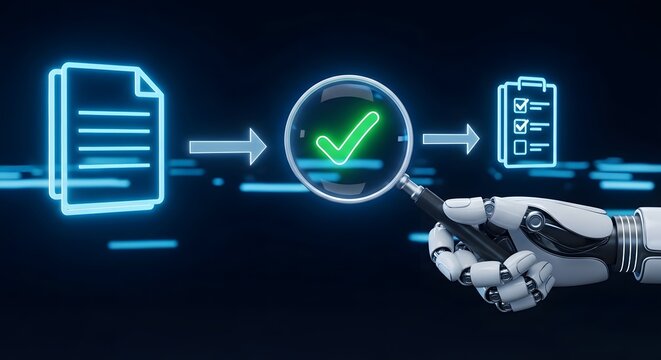 Robotic hand holding magnifying glass for ai document analysis, automated verification and quality control