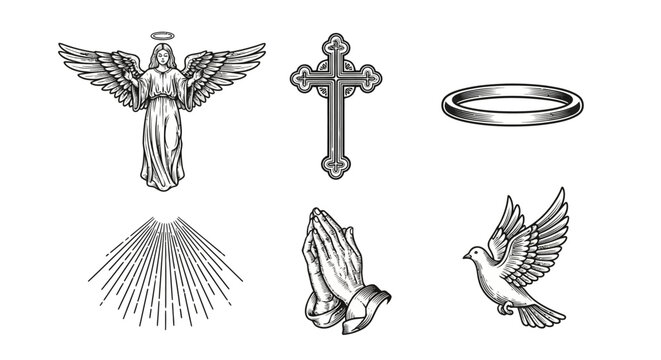 Collection of Religious Symbols Including Angel Cross Halo Praying Hands Dove and Light Rays for Spiritual Themes