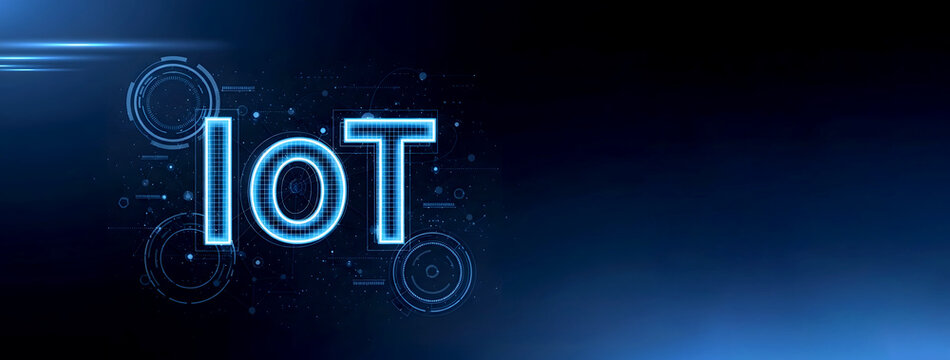 IoT Internet of Things digital typography with futuristic HUD elements and copy space on dark blue tech background