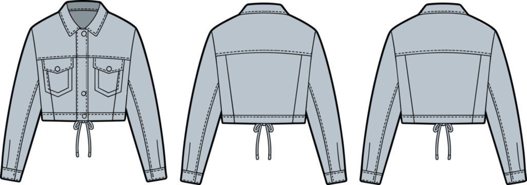 technical fashion flat sketch cropped denim jacket front back view long sleeve drawstring hem pockets seams detailed apparel design vector illustration template blueprint clothing