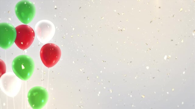 Silver and gold confetti falling from a white background, along with balloons in three colors: green, orange, and white. (These colors are based on the colors of the italy, mexico, hungary, bulgaria, 