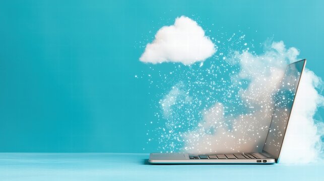 Cloud Networking Connectivity Security Speed Laptop displaying a cloud networking dashboard with speed and security metrics, close up.