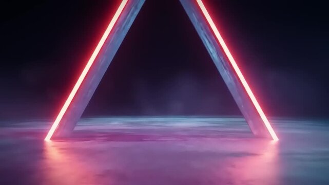 A glowing red triangular frame reflects on a wet surface with a dark, smoky backdrop